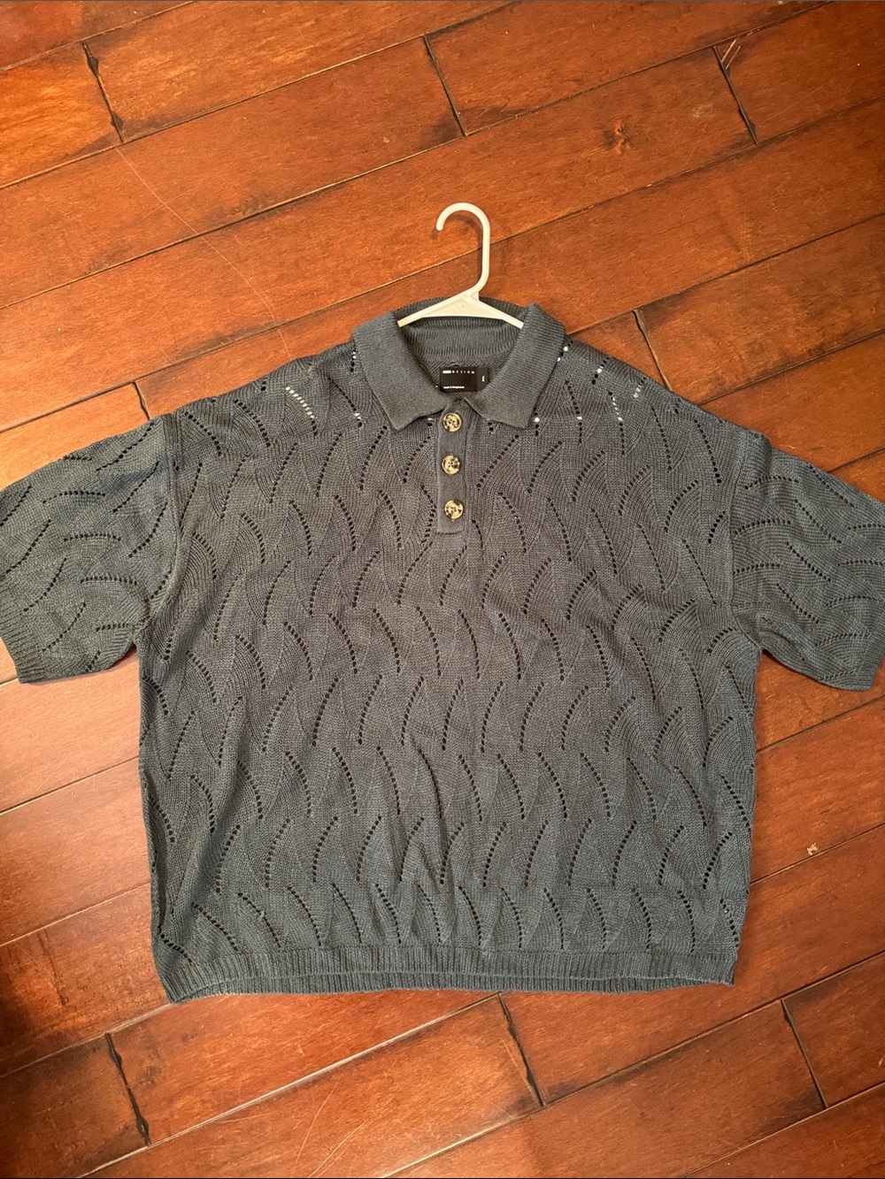 Men's Blue Knit Polo Shirt with Button Placket